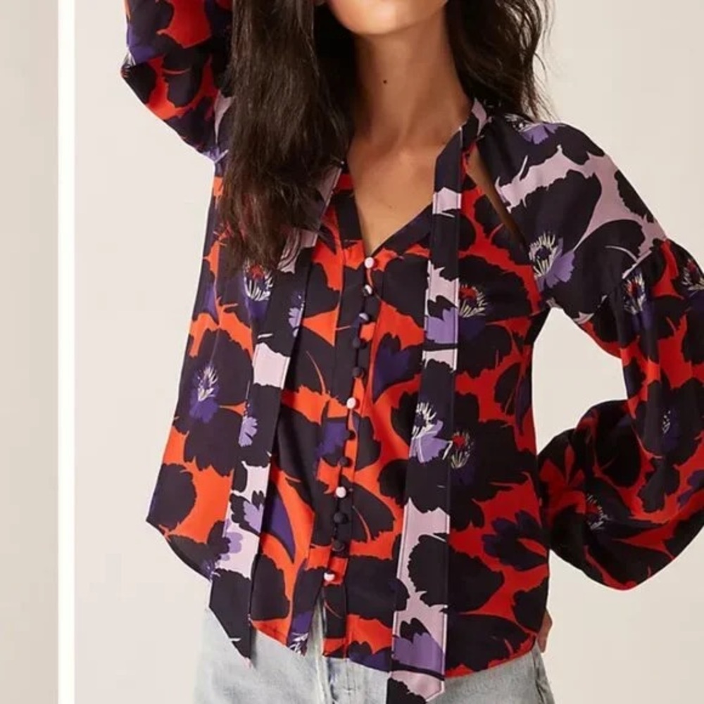 Anthropologie Red Black Purple Floral Tie-Neck Blouse